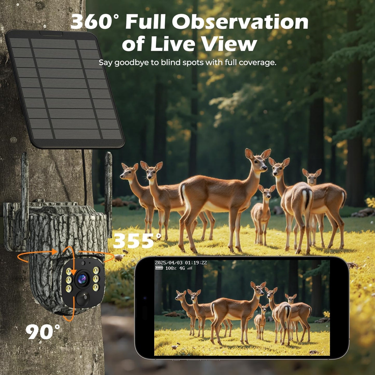 4G LTE Cellular Trail Camera, 360° Live Streaming Solar Game Camera 2.5K SIM Card Included, Auto Tracking Security Cameras Wireless Outdoor with Night Vision, Motion Activated for Outdoor, 2 Pack