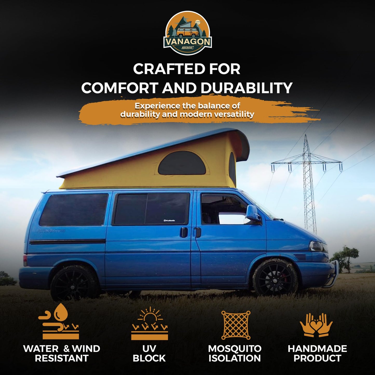 Roof Top Tent Camping 3 Window Roof Tent Pop Top Camper Gold Canvas Compatible with VW T4 Eurovan Weekender Short Wheel Based SWB Camper - Black Mosquito Net, 2 Person Rooftop Tents