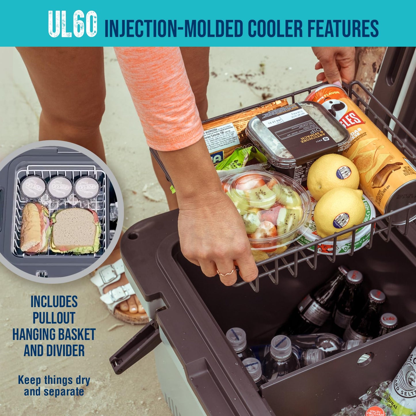 ENGEL 60 QT Ultra-Light Injection Molded Cooler - Ice Chest Keeps Ice up to 7 Days - Large Cooler Includes Wire Basket, Divider and Built-in Bottle Opener - Blue with Dark Grey Interior (Blue)