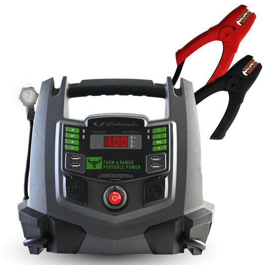 Schumacher Electric Farm & Ranch 1200A Car Battery Jump Starter and Portable Power Station, 5-in-1 Solution for 12V Batteries, 100-PSI Air Compressor, 200 Continuous/400 Peak Watt Inverter, FR01337