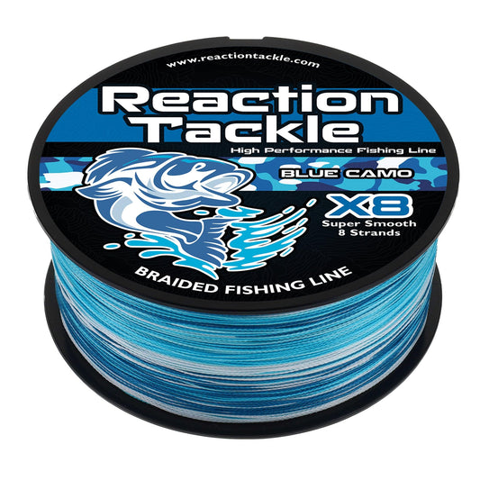 Reaction Tackle Braided Fishing Line - Pro Grade Power Performance for Saltwater or Freshwater Fish - Colored Fishing Line Braid for Extra Visibility - X8 Blue Camo 200 Lb (1500 Yards)