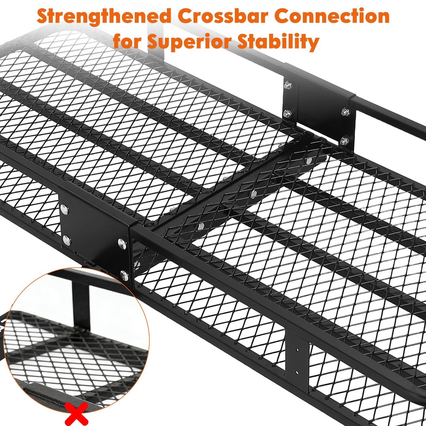 Garvee Folding Hitch Mount Cargo Carrier Basket 60" x 20" x 6", Hauling Weight Capacity of 500 Lbs with Folding Arm, Hitch Stabilizer, Cargo Net and Ratchet Straps