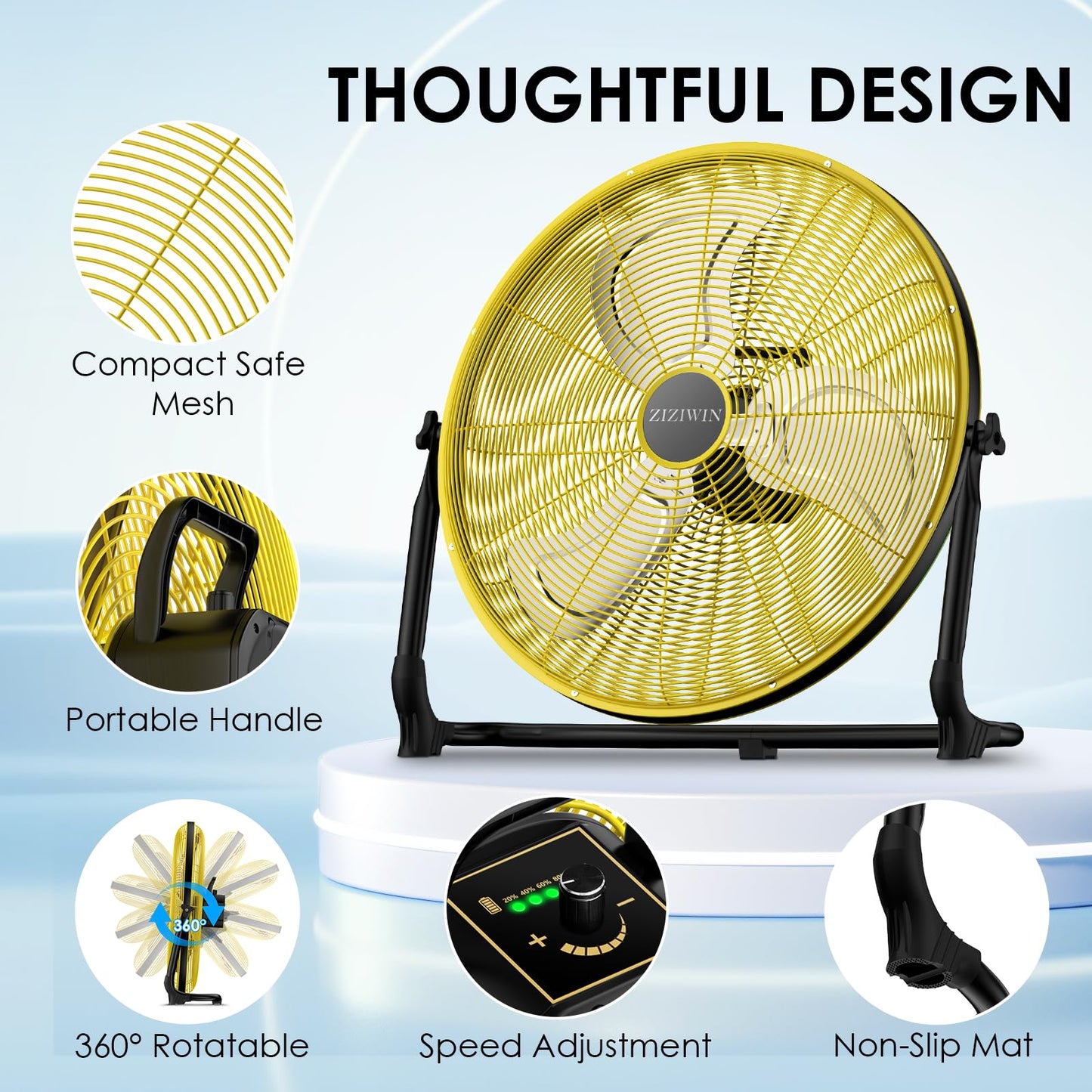 ZIZIWIN 20" Large Battery Fan, Portable Battery Operated Floor Fan, Rechargeable Cordless Camping Fan for Outside, 360° Tilt, USB Output, Wireless, for Home Outdoor Gazebo Office Garage Outside Gym