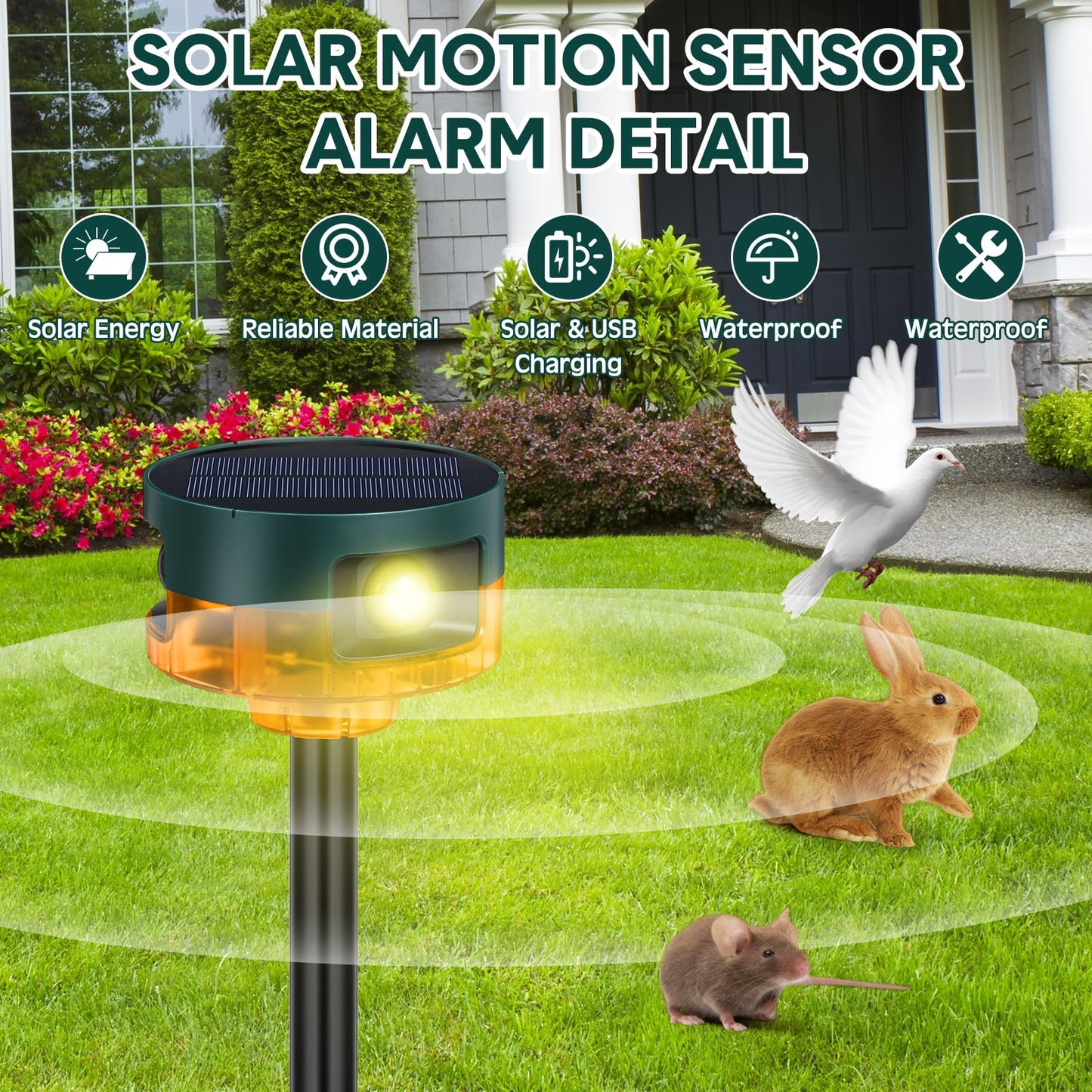 Qualirey 4 Pack Solar Outdoor Motion Sensor Alarm-Dog Barking&Gunshot Sound Support Recording Animal Deterrent for Home Security, 13 Kinds of Sounds (Yellow)