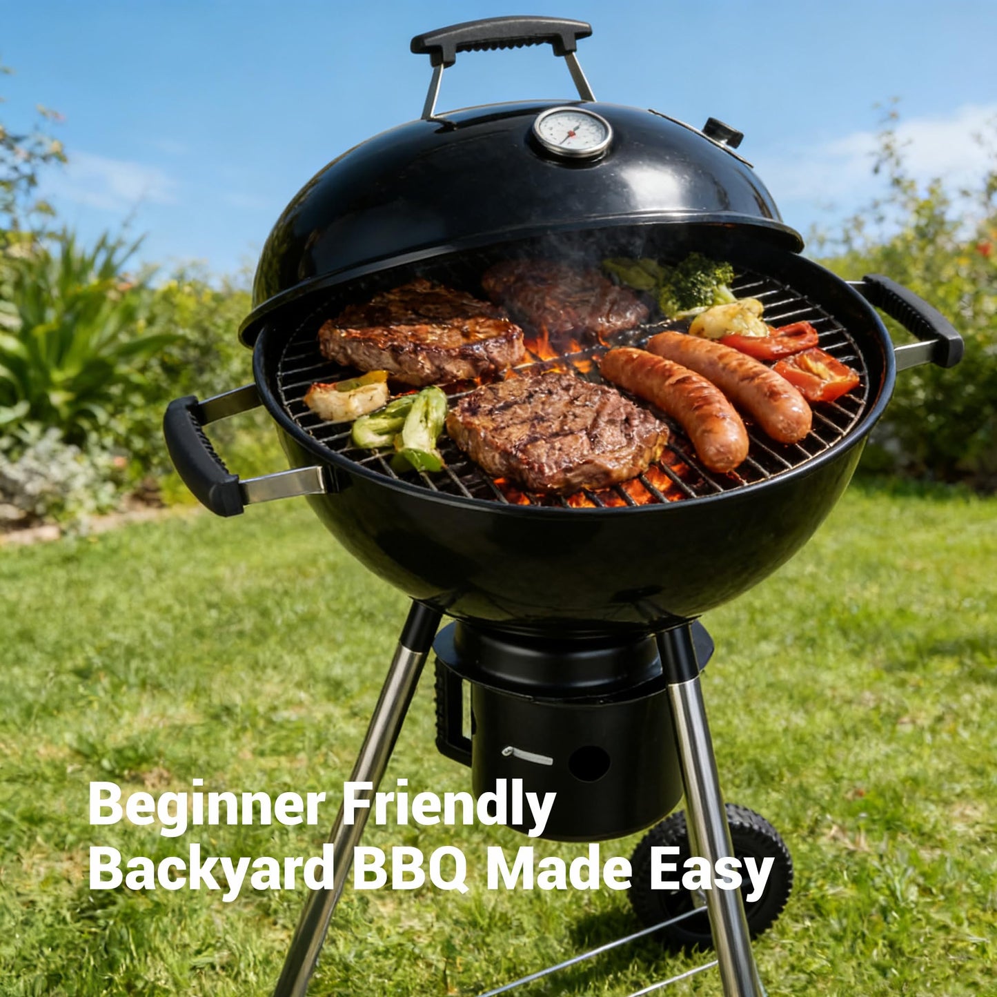 18-Inch Kettle Charcoal Grill with Cover & Wheels, Beginner-Friendly BBQ Grill for Backyard, Patio & Family Cookouts, Easy-to-Use Outdoor Charcoal Grill with Ash Catcher