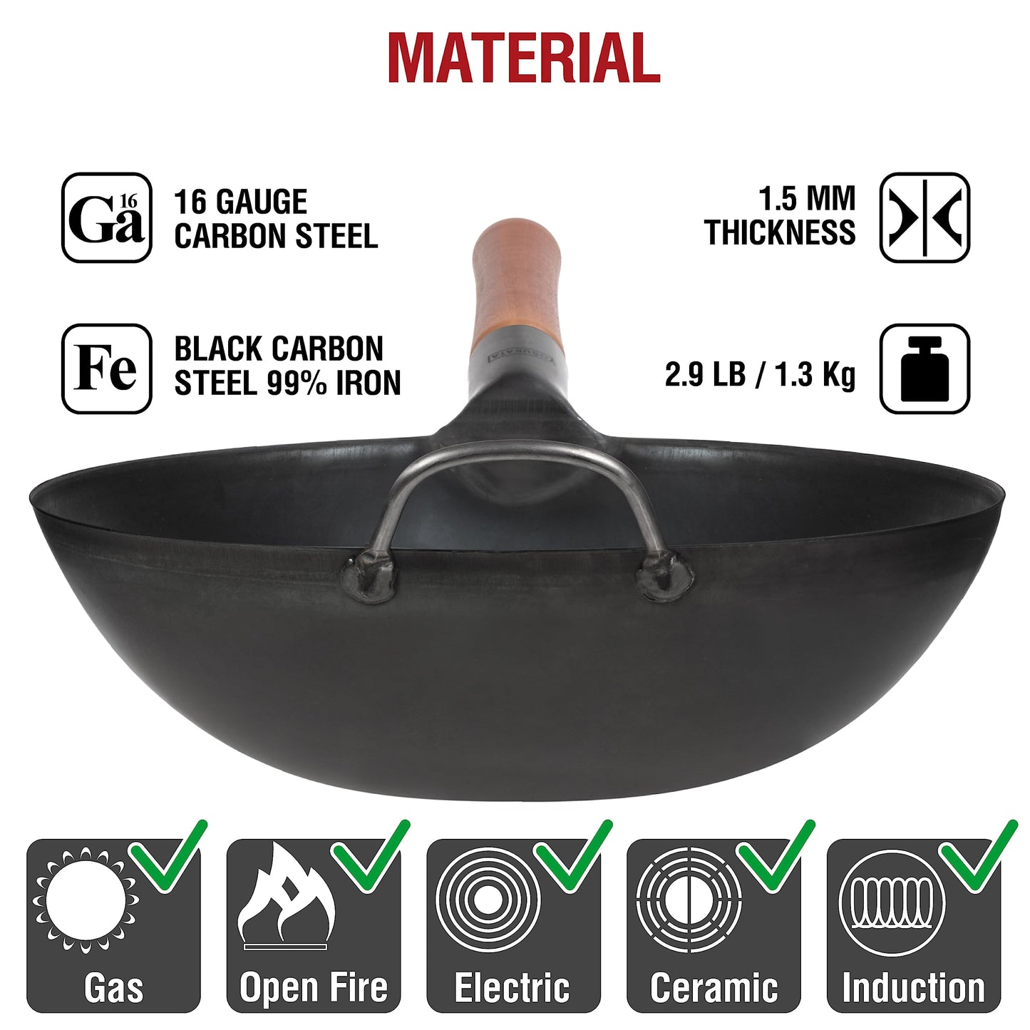 YOSUKATA Carbon Steel Wok Pan11.8 in + 17" Wok Spatula and Ladle and Turner + Reusable Natural Wooden Long Cooking Chopsticks Set of 3 pairs