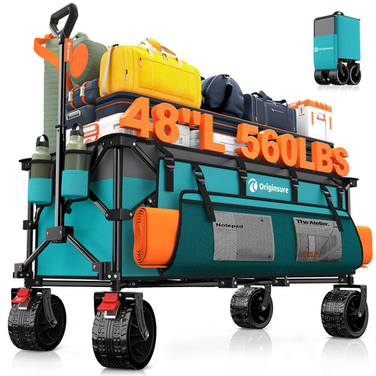 48" L Collapsible Beach Wagon Cart Foldable, 560LB Weight Capacity 300L Heavy Duty Folding Wagons with Big All-Terrain Wheels, Utility Carts for Groceries, Shopping, Camping, Sports - Grey&Turquoise