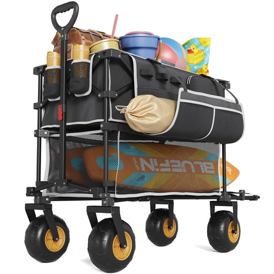 400L Double Decker Beach Wagon-500LBS Heavy Duty Beach Cart with 9" Big Balloon Wheels for Sand,Folding Collapsible Wagon with Side Pocket for Beach, Fishing, Camping,Outdoor(Black)
