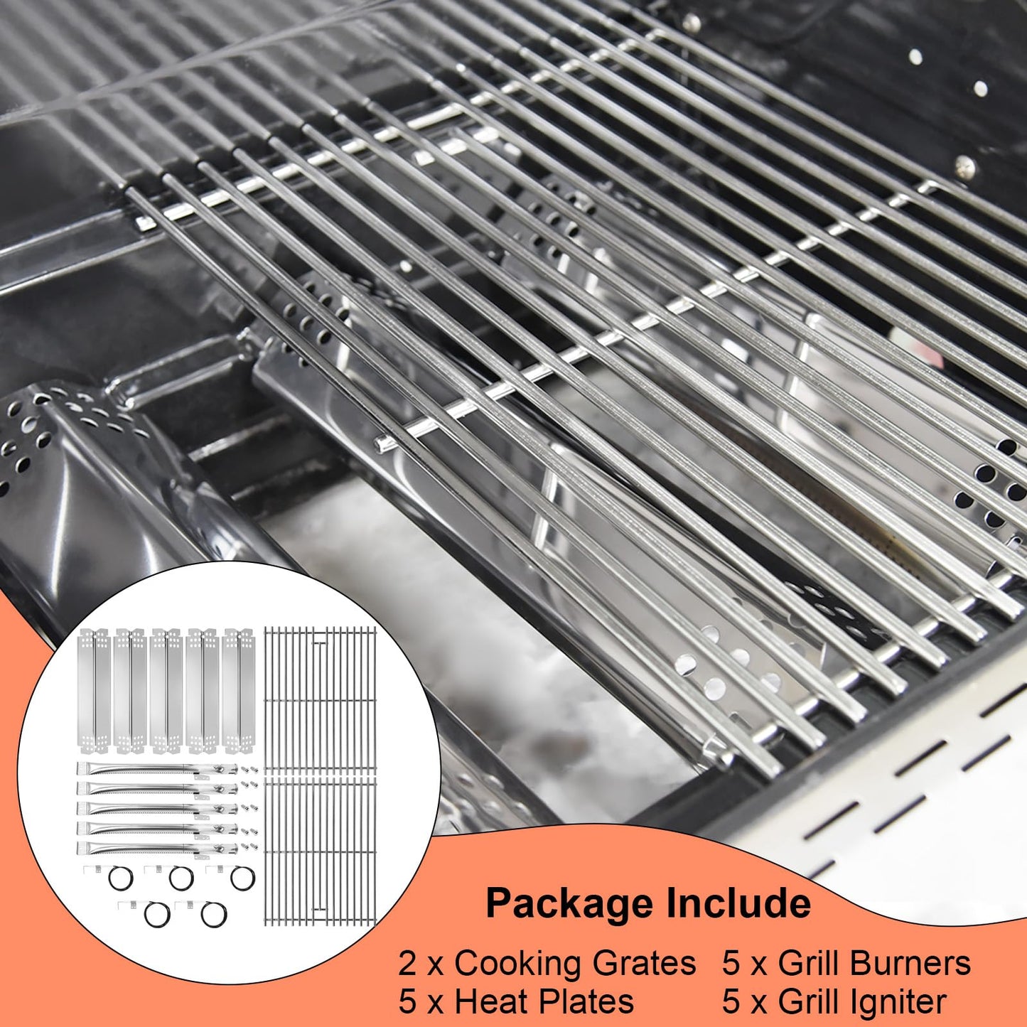 Grill Parts for Nexgrill 5 Burner 720-0888 720-0888N 720-0888A,4 Burner Nex-grill 720-0830H 720-0830 Stainless Steel Cooking Grates, Heat Plates, Burner Replacement Kit for Home Depot Nex grill