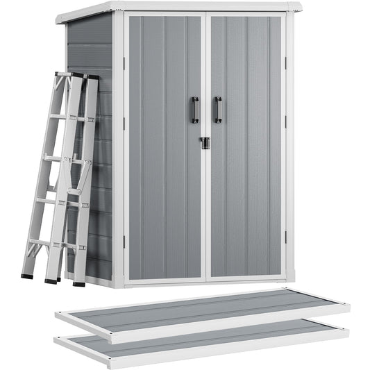DWVO 5X3FT Outdoor Vertical Storage Shed with 2 Shelves, 60 Cu Ft Waterproof Resin Garden Shed with Floor & Lockable Door, Plastic Tall Tool Cabinet for Garbage Can, Lawn Garden Supplies, Gray