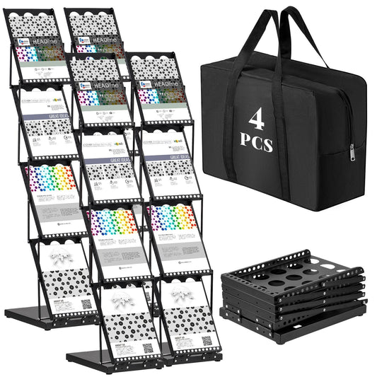 Tatuo 4 Pieces Foldable Magazine Rack Metal Catalog Literature Rack Portable 4 Pockets with Carrying Bag Brochure Stand Literature Display Holder Stand for Exhibition Trade Show