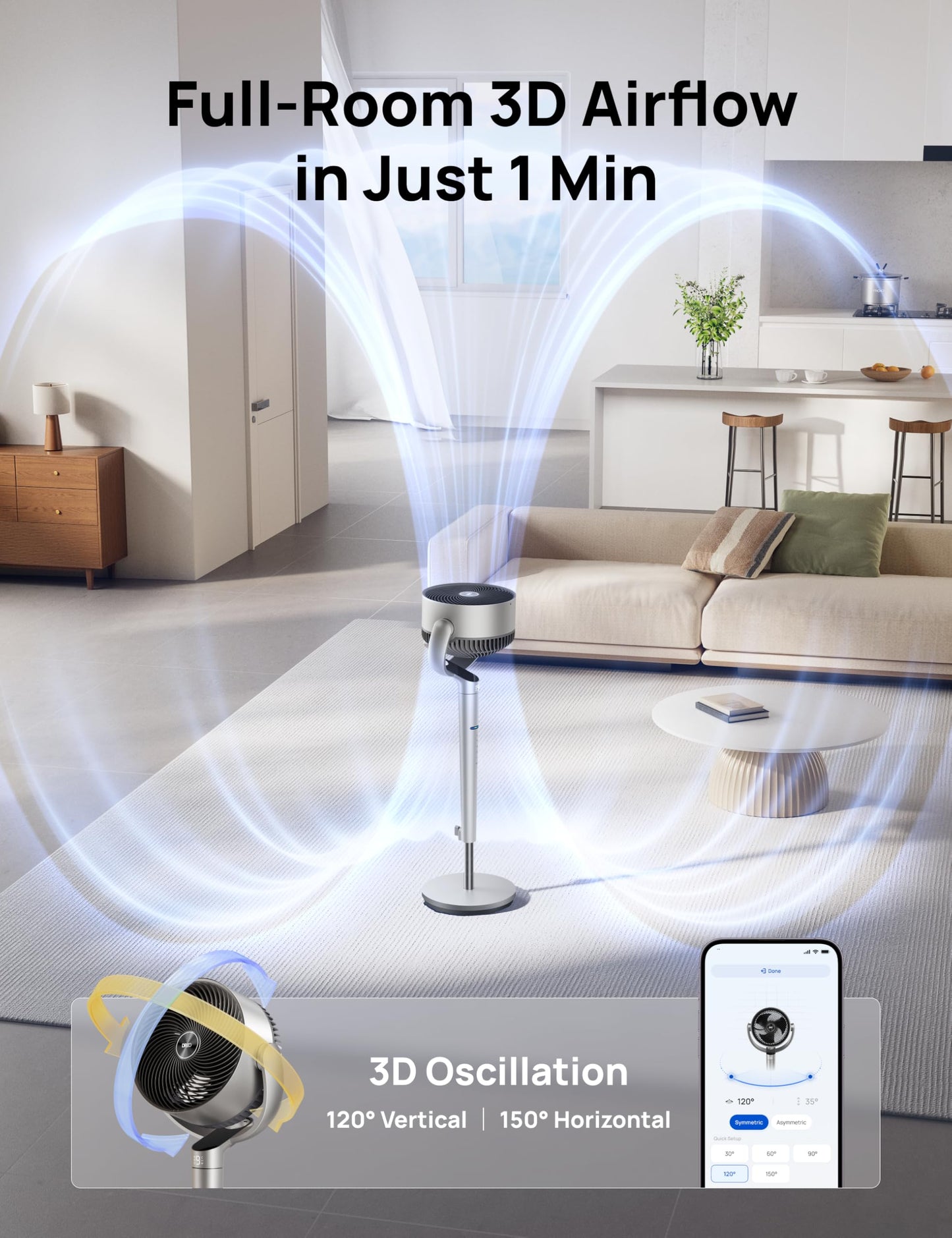 DREO Smart Fan for Bedroom, Position-based Oscillation, 150°+120° 3D Oscillating Fan, 110ft Pedestal Fans with Wi-Fi/Voice/Remote, Standing Fans Work with Alexa/Google, 9 Speeds, 6 Modes, 20dB, Silver