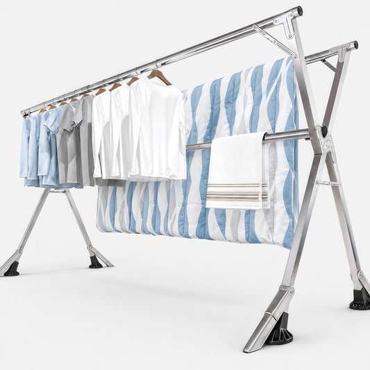 ANJIYP 95 Inch Windproof Clothes Drying Rack, Heavy Duty Stainless Steel Folding Laundry Drying Rack for Indoor Outdoor Use, Collapsible Clothes Rack with 20 Hooks & 12 Clips
