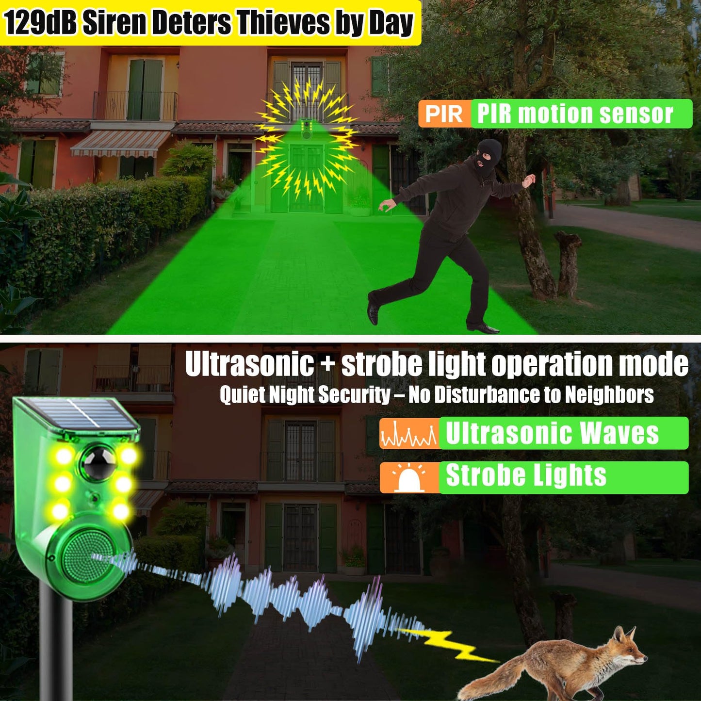 Solar Outdoor Motion Sensor Alarm - Ultrasound & Alarms 130db Motion Detector Loud Noise Maker,Strobe Light,for Home, Villa,Yard,Chicken coop,Farm,Barn.4 Work Modes.Say Goodbye to The Intruders 4Pack