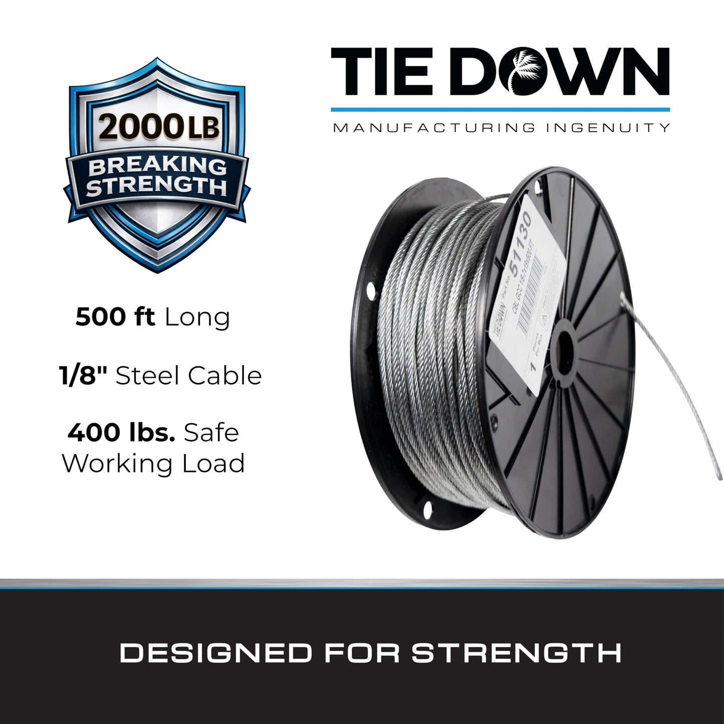 Tie Down 1/8" 7x19 Galvanized Steel Aircraft Cable – 500 ft Reel | Wire Rope for Deck Railings & Garage Doors