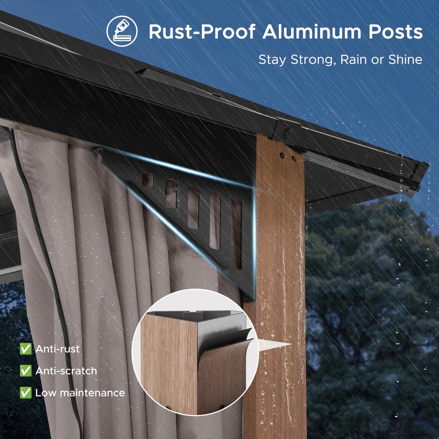 SUNJOY Kingston 16' x 12' Hardtop Gazebo with Galvanized Steel Double Roof, Curtain and Netting, Woodgrain Finish Aluminum Posts Permanent Pavilion Gazebo for Garden, Patio, Deck, Lawn