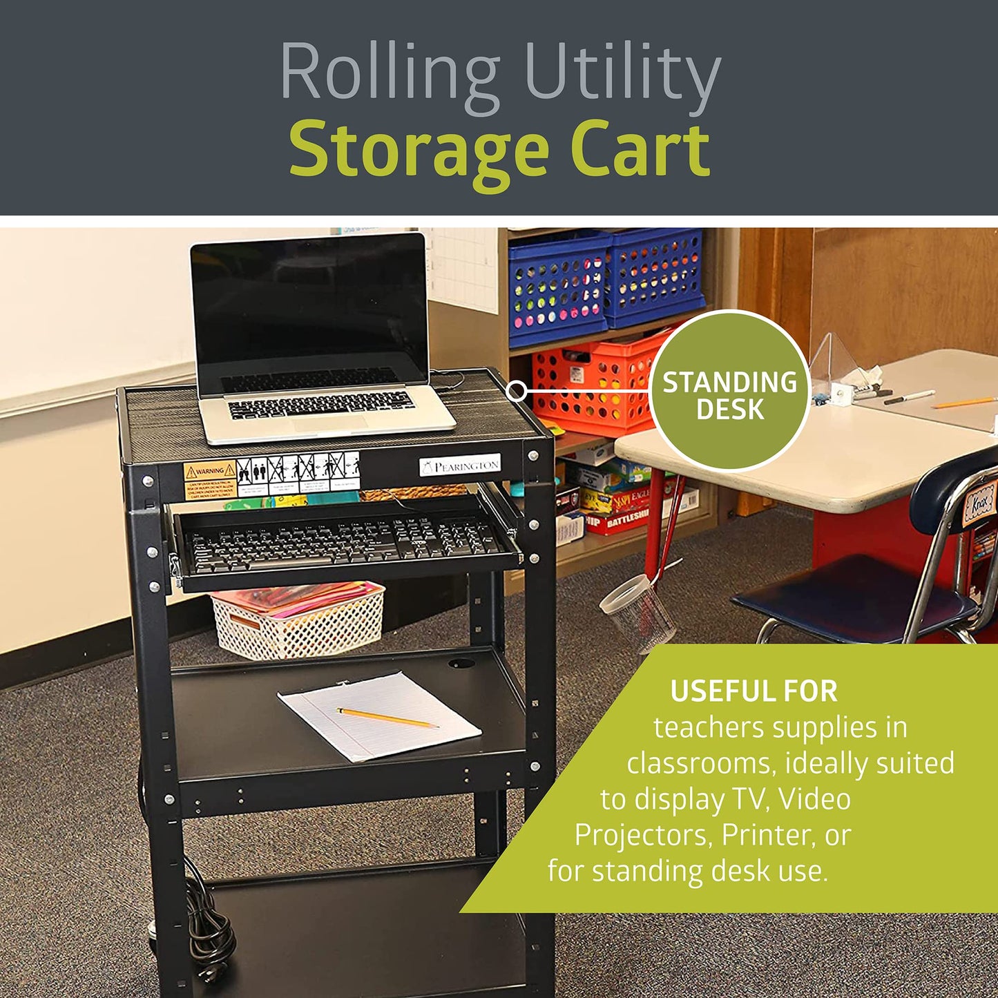 Pearington AV Presentation Cart Stand for Video Projector, TV, Laptop Computers, Printers, Metal Construction Rolling Storage Cart with Adjustable Shelves, 4 Wheels, 4 Outlets, 12ft Cord, Black