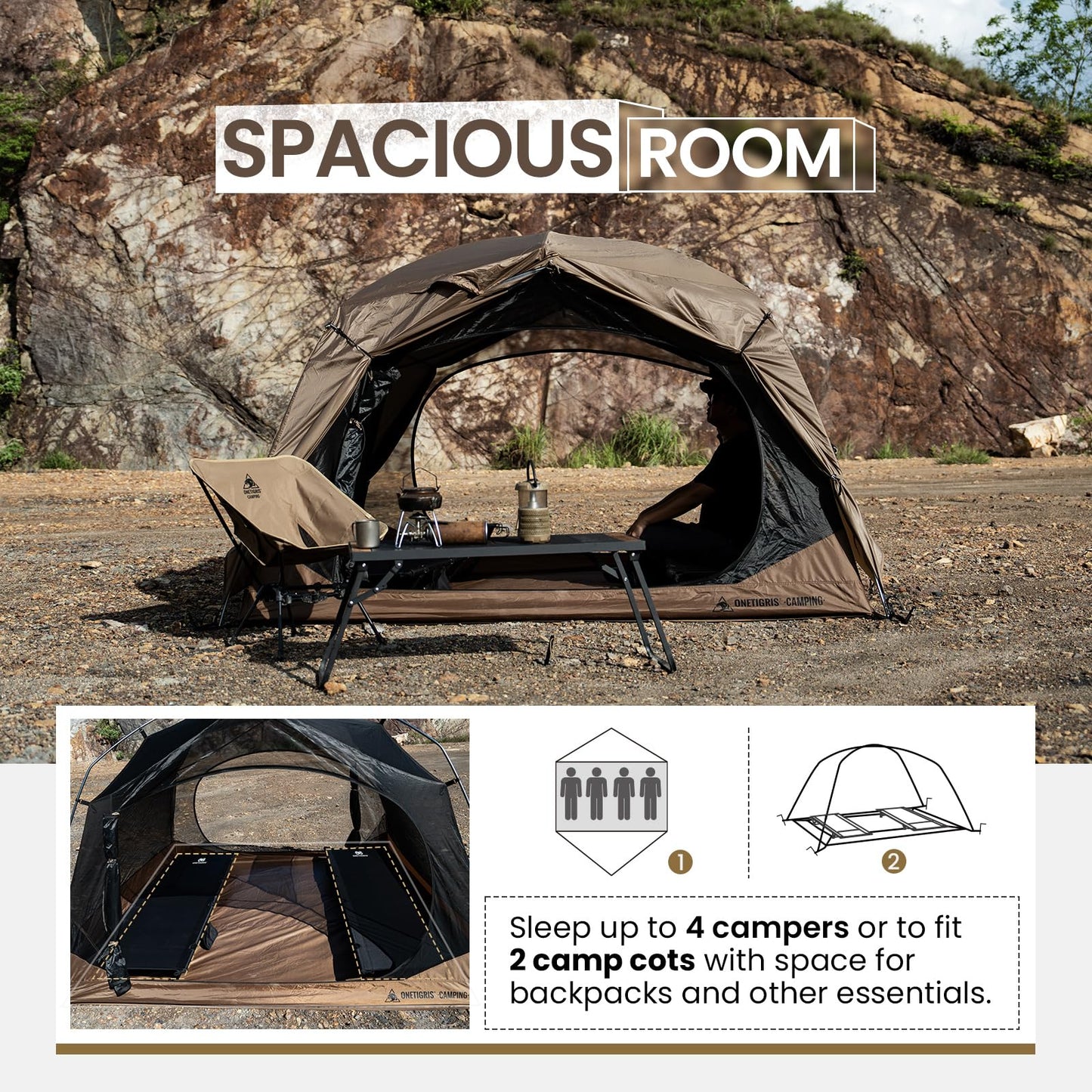 OneTigris JOVIAN 4 Person Camping Tent 3 Season Family Shelter Easy Setup Outdoor Backpacking with 2000mm Outer Rainfly, 5000mm Bottom & Waterproof Floor Mat