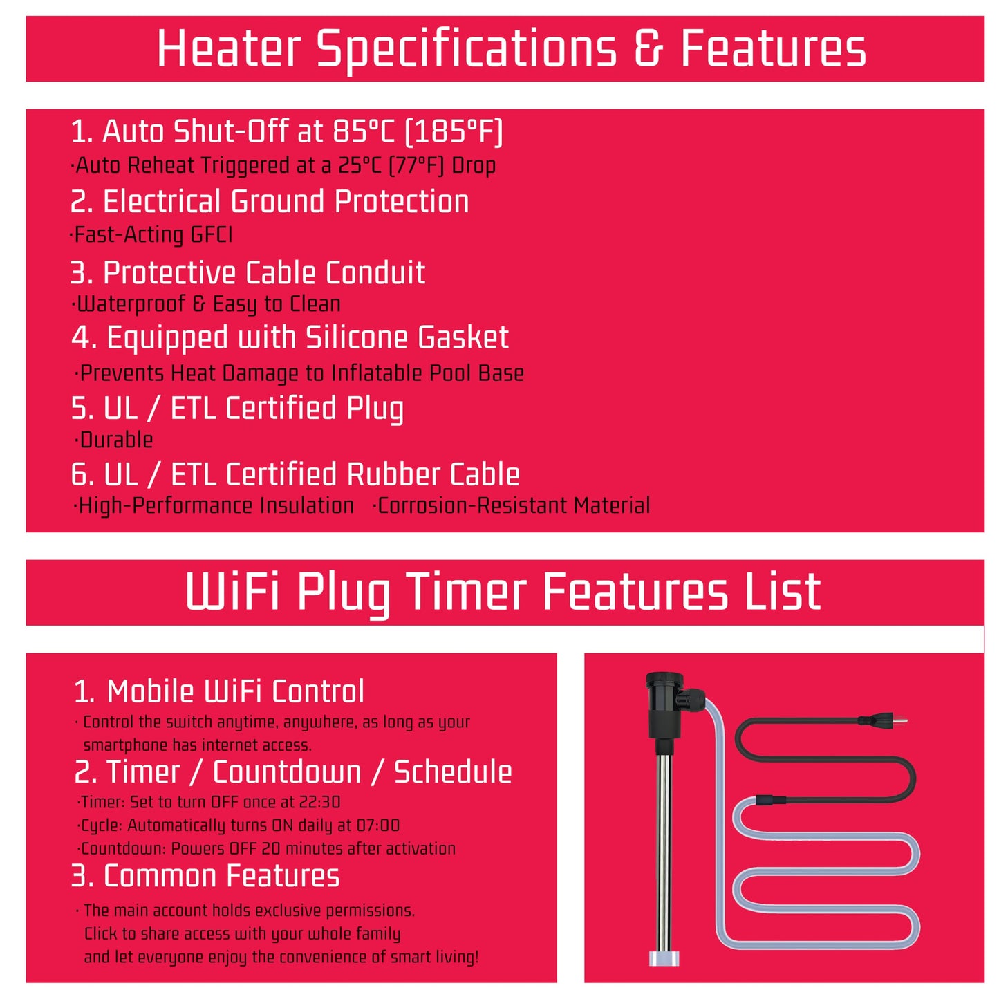 YLboyLIAN 1500W Titanium Immersion Water Heater for Pool & Hot Tub – Portable Electric Submersible Heater with Temp Control, Auto Shut-Off &WiFi Timer for Spa, Bathtub, Above Ground Pool and Baptistry