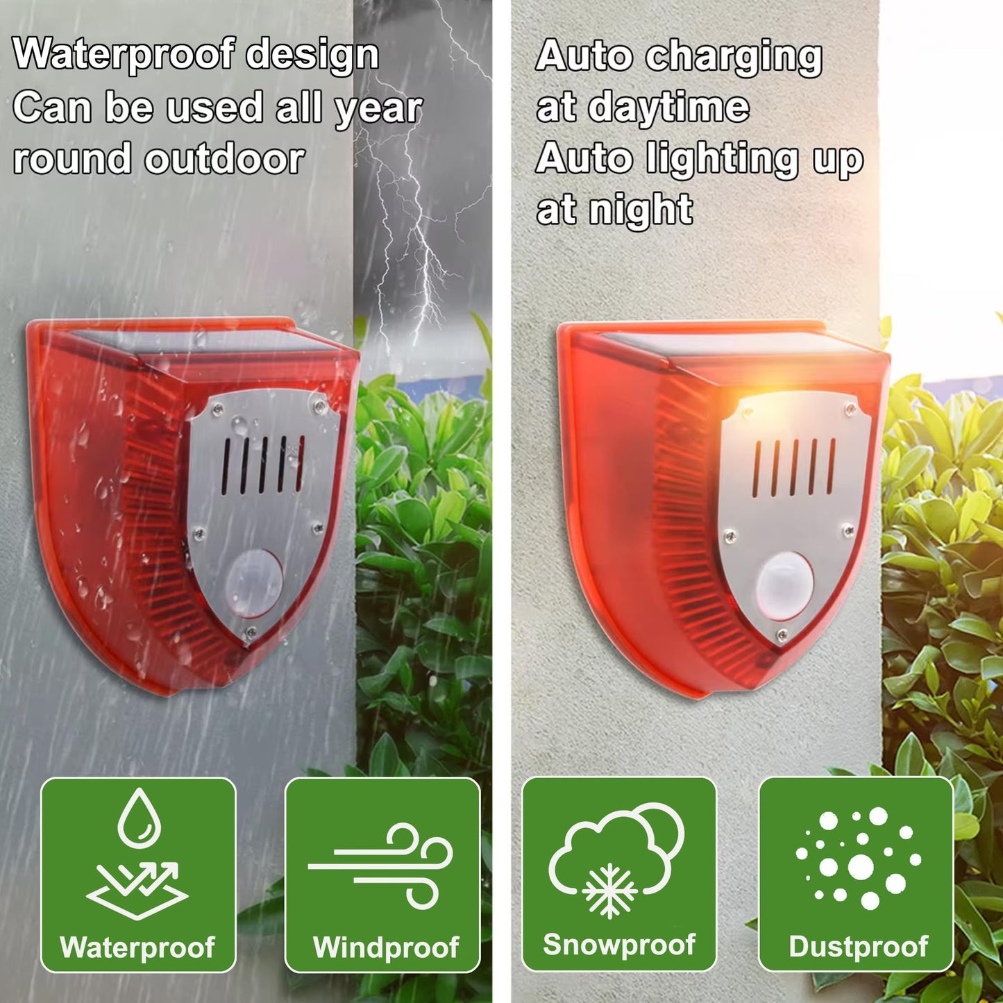 QXMH Solar Outdoor Motion Sensor Alarm: 129db Dog Barking & Gunshot Sound,Loud Motion Detector Noise Maker,Barking Dog Alarm Strobe Light Warning Lamp for Home Yard Barn