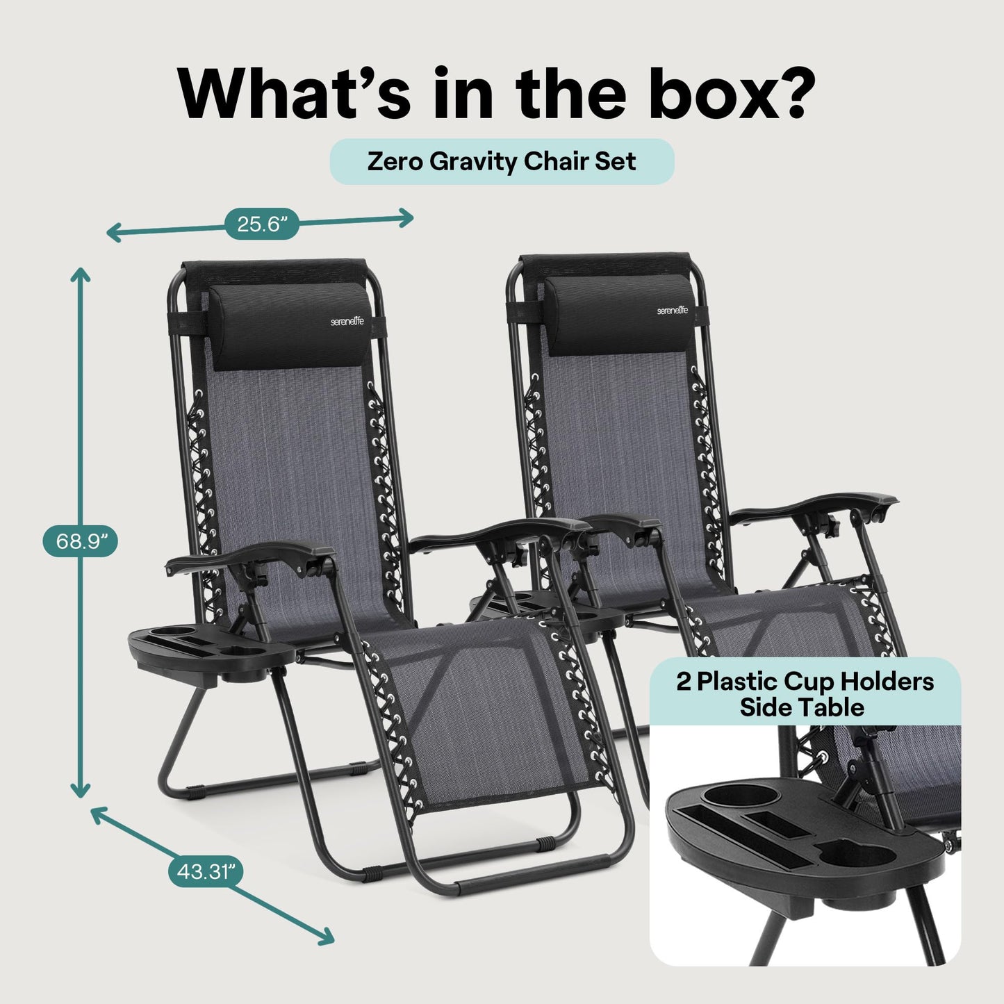 SereneLife Zero Gravity Outdoor Lounge Chairs 2 Pack – Folding Recliners with Side Table, Cup Holder & Padded Headrest – Adjustable Patio Chairs for Lawn, Garden, Deck, Camping (Black)