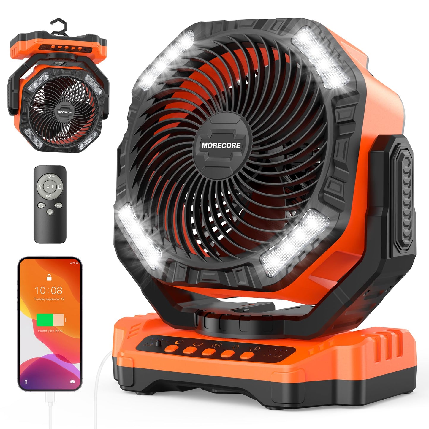 MORECORE 68HRS Running Camping Fan with Light, 20000mAh Battery Rechargeable, Powerful 4 Speeds & Auto Oscillating, with Timer & Hook, for Travel Tent RV Emergency Hurricane Jobsite Garage-Orange