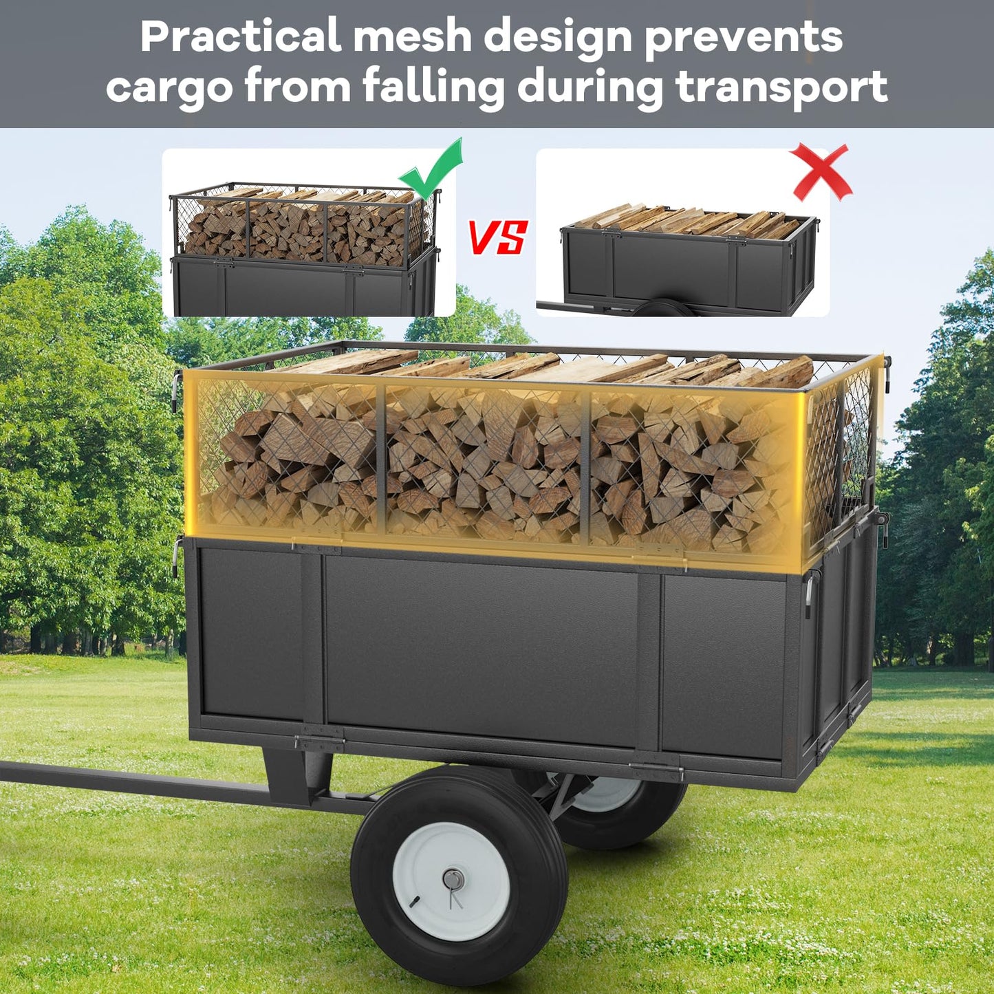 Heavy Duty 750LB Capacity Steel Dump Cart Trailer for ATV, 17 Cu.Ft Utility Garden Wagon, 2 Wheels, Durable Tow-Behind for UTV, Lawn Mower, Tractor, Landscaping