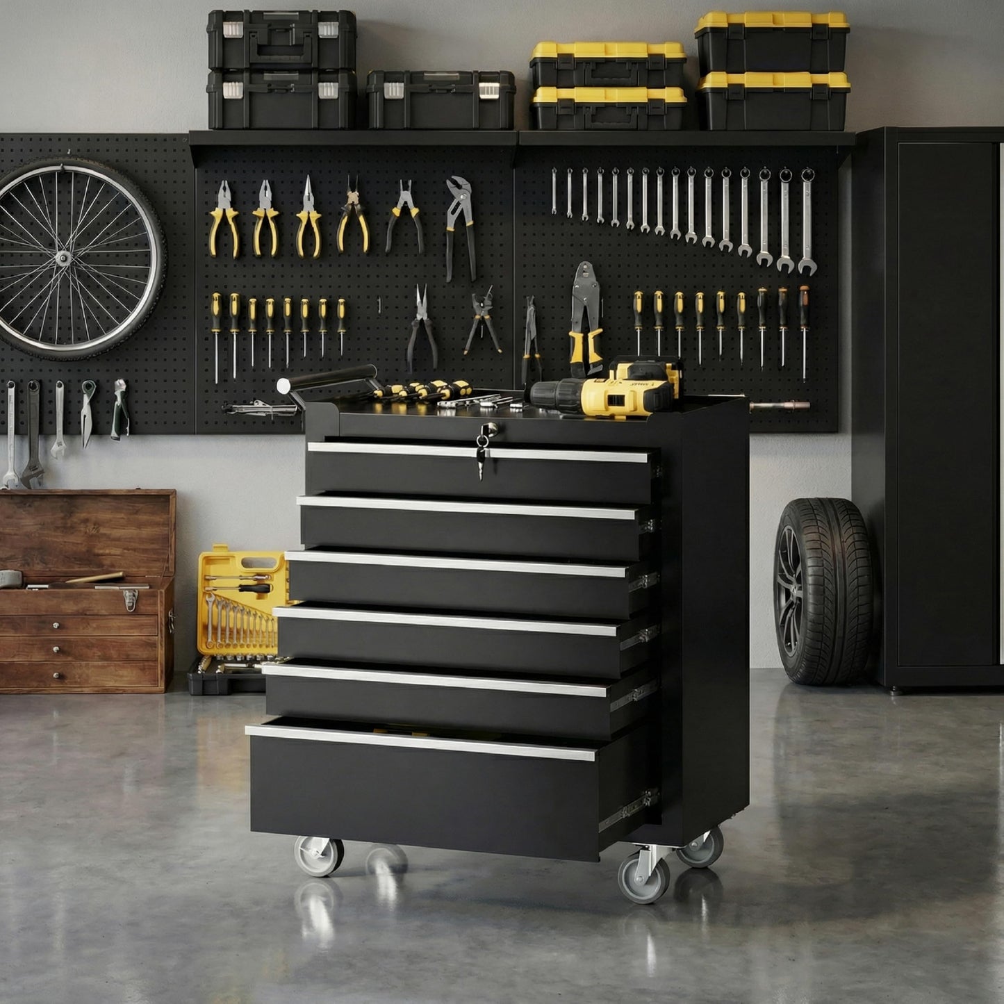Garvee Rolling Tool Chest, 6 Drawers Tool Storage Cabinet, Toolbox with Wheels, Portable Tool Cabinet Organizer with Locking System & Drawer Liners, Tool Storage Cart for Garage, Workshop, Black