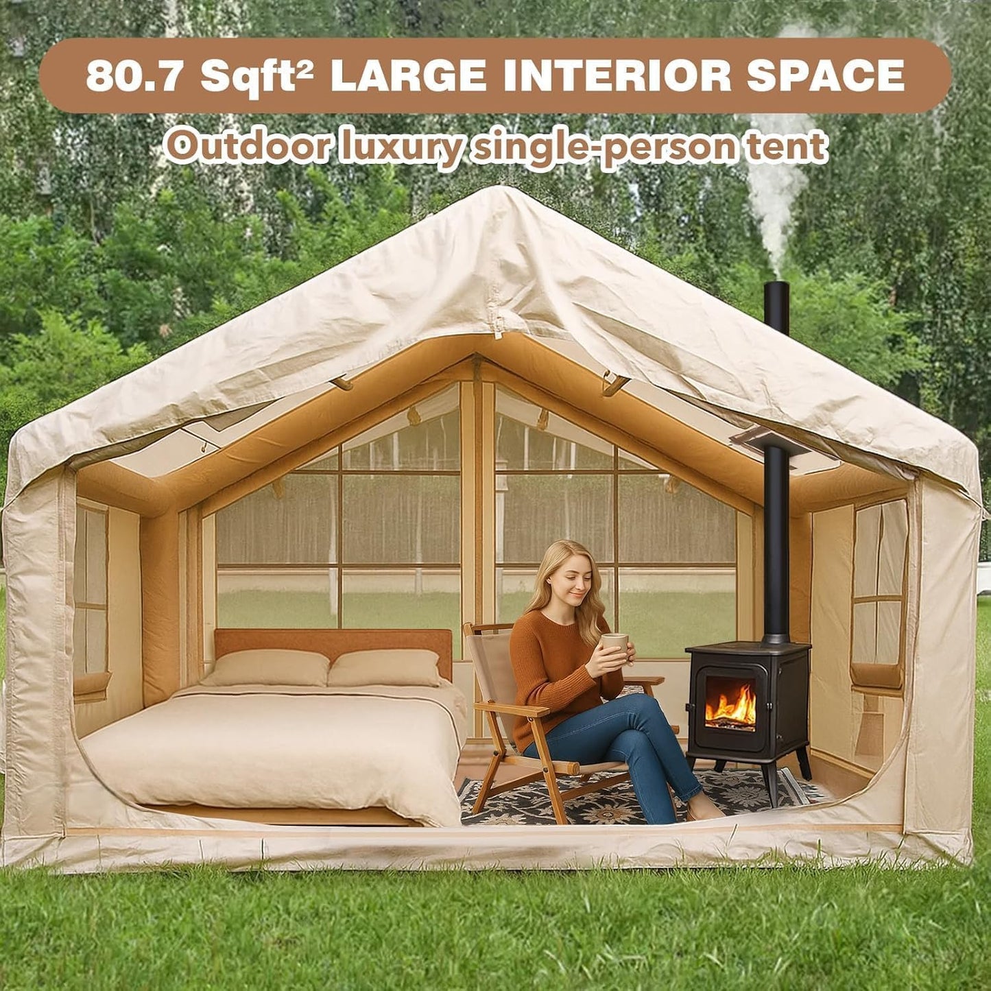 10' x 8' Inflatable Tents for Camping, 6-8 People Blow up Tent, 4 Season Inflatable Hot Tent with Stove Jack, Waterproof Portable for Camping Outdoor