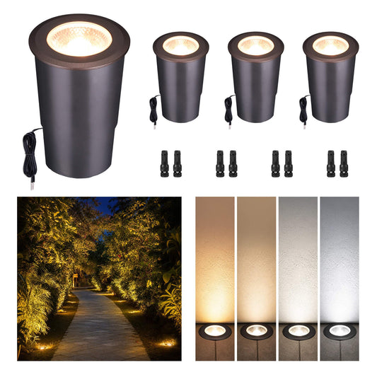 Varmtalys In Ground Landscape Lighting Low Voltage - 2700K-5000K 5 Color Selectable IP67 LED Well Lights, Outdoor 12V Open Top in-Grade Light, ORB Aluminum for Lawn Driveway Garden 9W 700LM 4 Pack