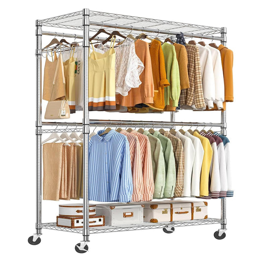 Simple Trending Heavy Duty Clothes Rack Clothing Rack with Wheels and 4 Hanging Rods, Adjustable Rolling Garment Racks, Load 560 LBS, Chrome