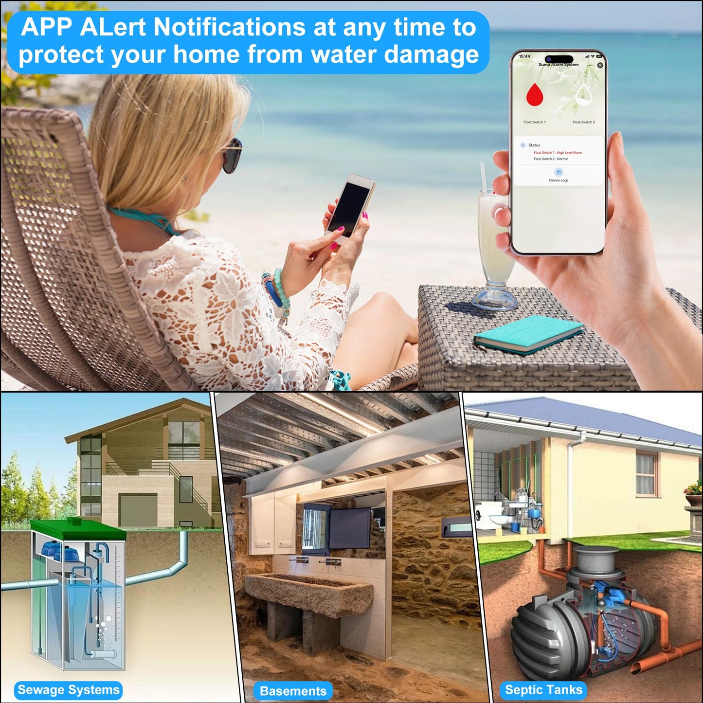 LUCKYDUO WiFi High/Low Sump Pump Alarm, Built-in Backup Battery, Smart Water Level Alert with App Notification,Water Lever Sensor Detector with 10ft Tethered Float Switch,110dB Loud Alarm,LED Flashing