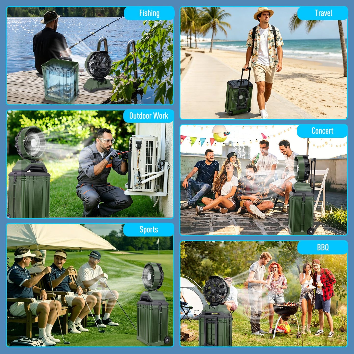 ZMLBTF 30L Portable Misting Fan, Bucket Rolling Mist Fan, 30000mAh Rechargeable Outdoor Cooling Fan with Remote, 4 Speeds, 3-Speed Light, for Patio, Camping, Sports, Outside & Travel(Green)
