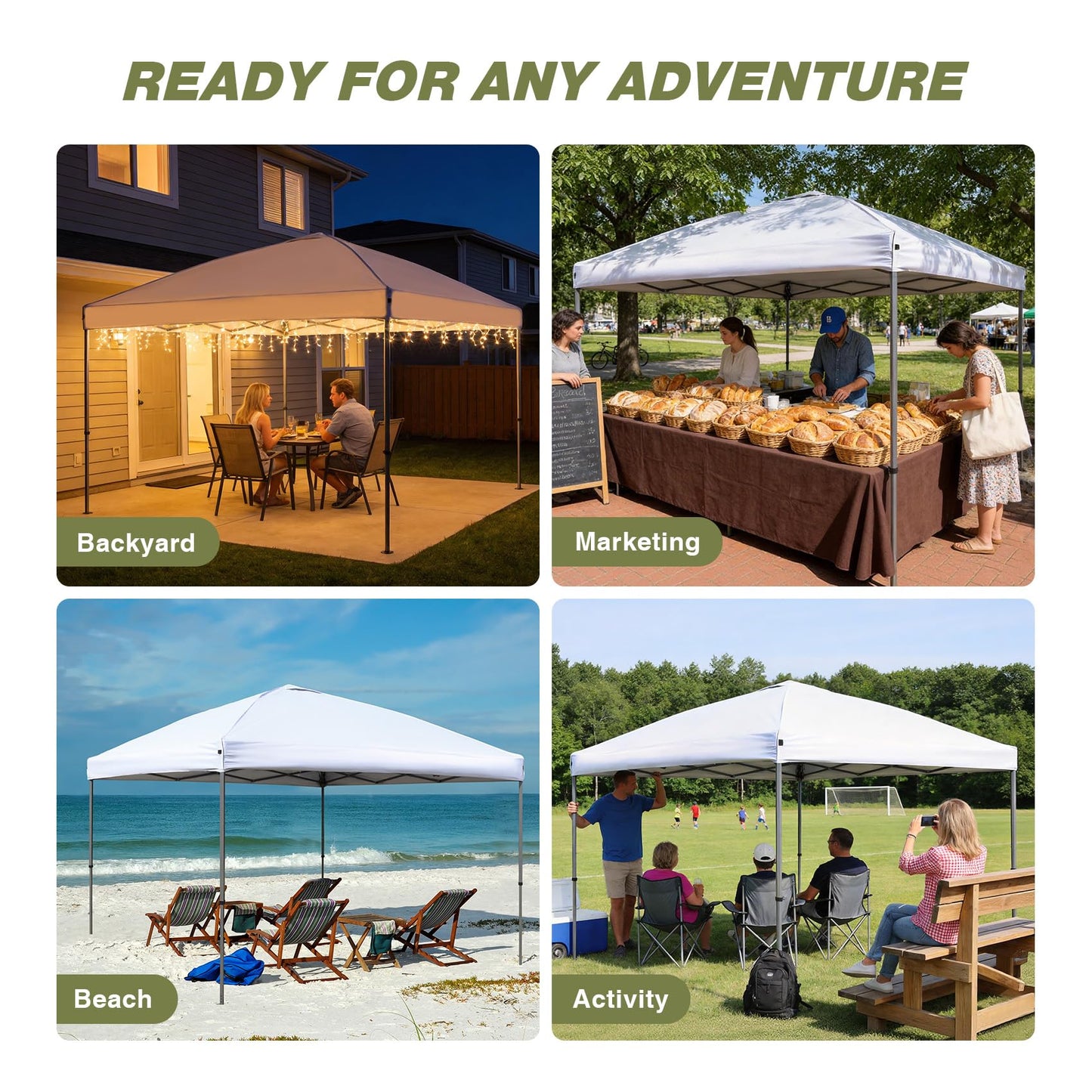 HYPER VENTURE 10x10ft Pop Up Canopy Tent with One Push Setup, Portable Outdoor Event Shelter with Rolling Carry Bag for Camping, Beach, Market, Patio (White)