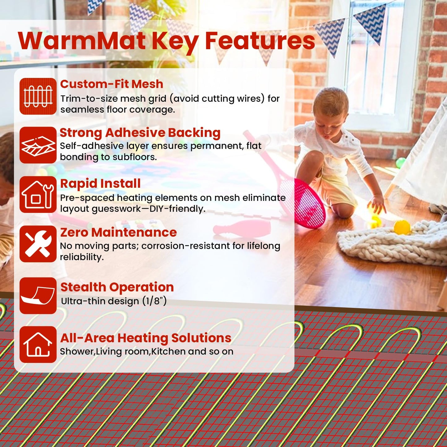 15 sqft HEATIT Warmmat Electric Radiant Self-adhesive Floor Heat Heating System & ET-72 Thermostat & Alarm Monitor