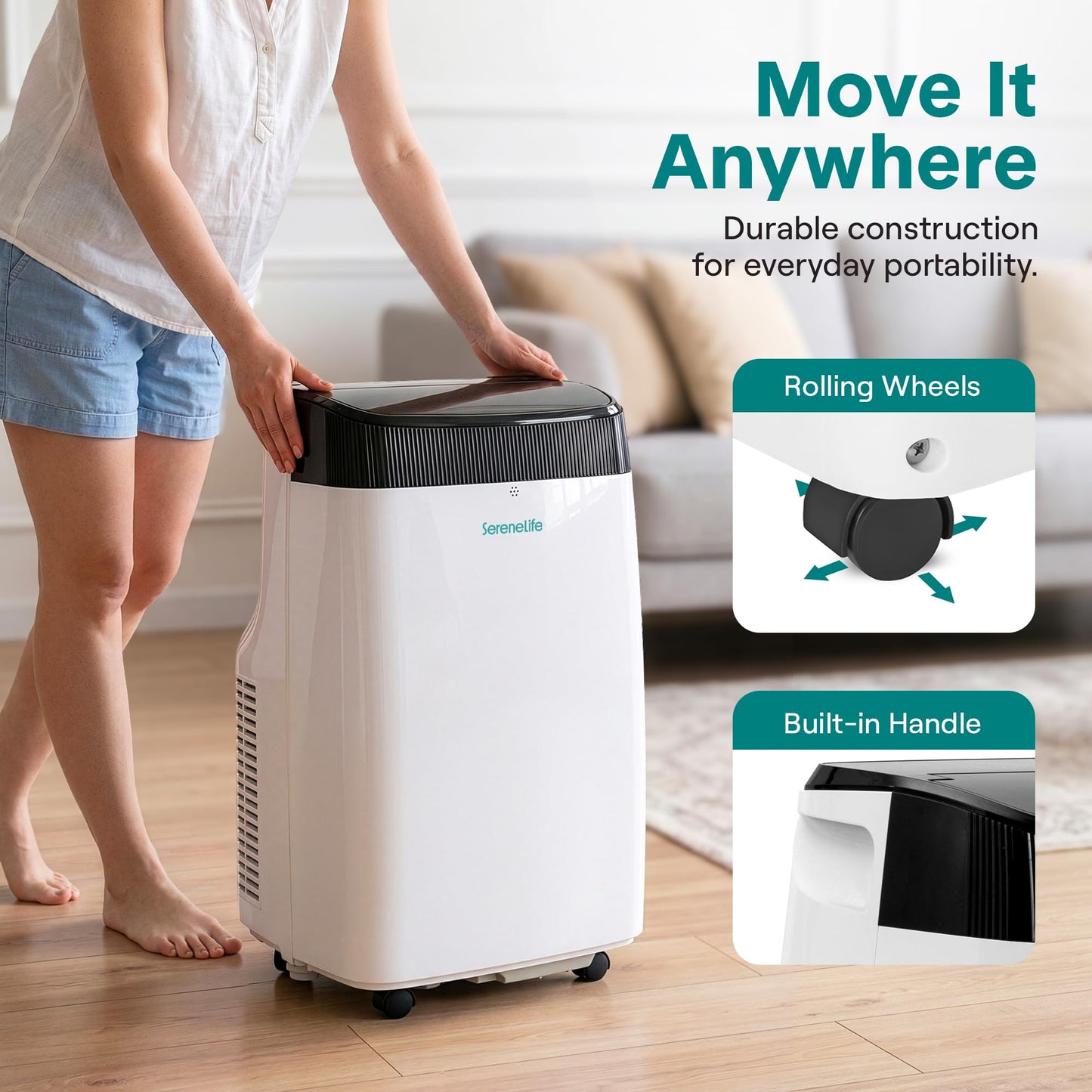SereneLife Portable Air Conditioner, Dehumidifier & Fan | 3-in-1 8,000 BTU AC With Temperature Ranges 64°F–90°F & Cools 350 SQ FT | Includes 3 Fan Speeds, Remote Control, & Window Exhaust Kit | White