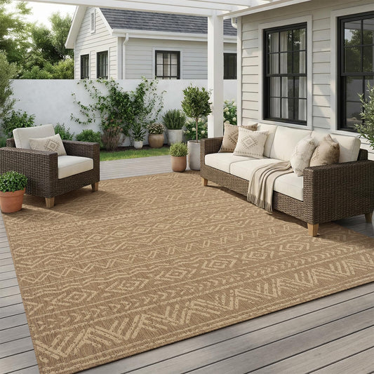 MontVoo-Outdoor Rug-Patio Rug 8x10 Polypropylene Indoor Outdoor Rug Outdoor Carpet for Patio Deck Balcony Porch, Textured Weave, Durable for High Traffic, Fade-Resistant, Boho Farmhouse Neutral Brown
