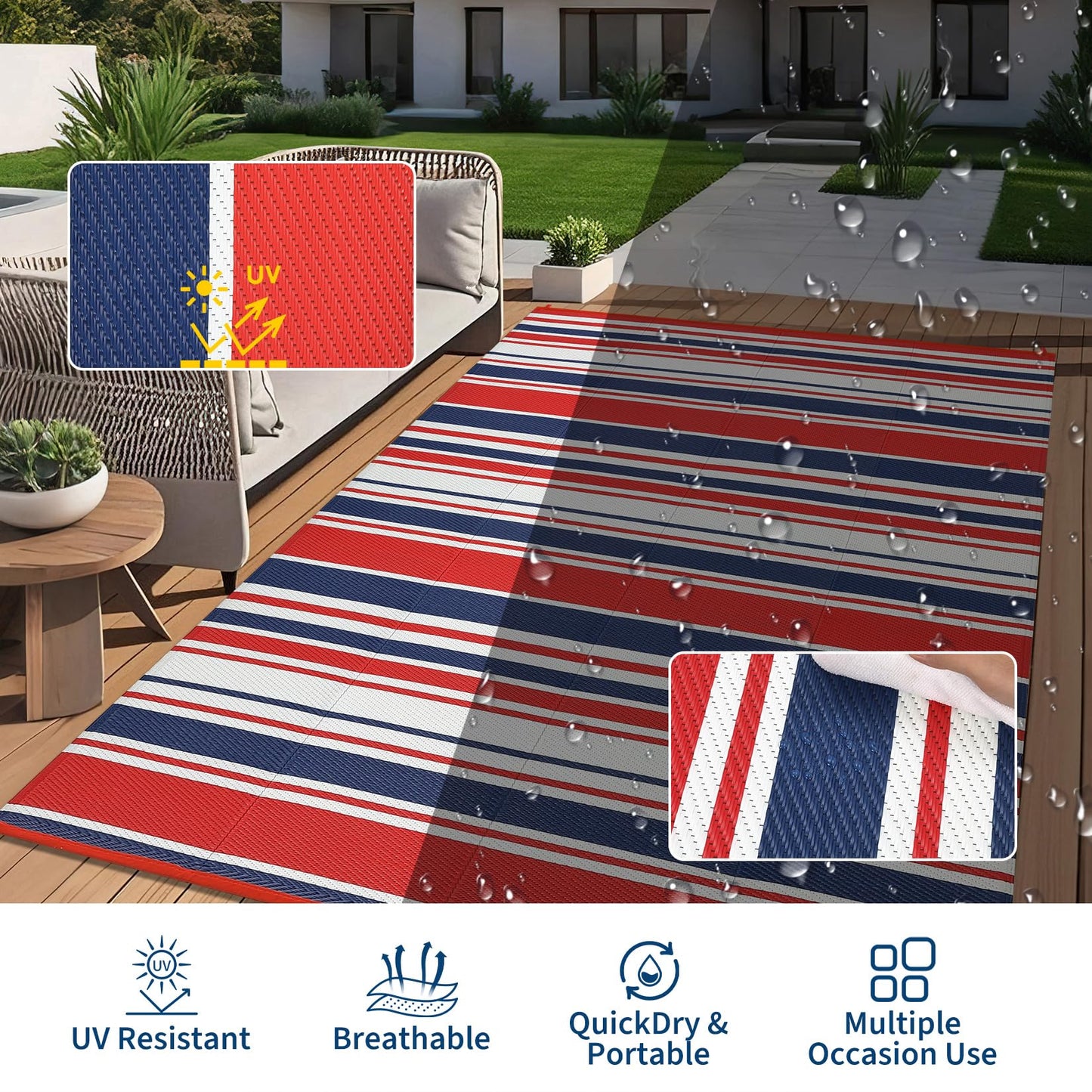 IDEALHOUSE Outdoor Rug 9x18 Ft, Waterproof Plastic Reversible Rug, Modern Camping Mat for Outdoors, RV, Patio, Backyard, Deck, Picnic, Beach, Trailer(Red & Navy & White)