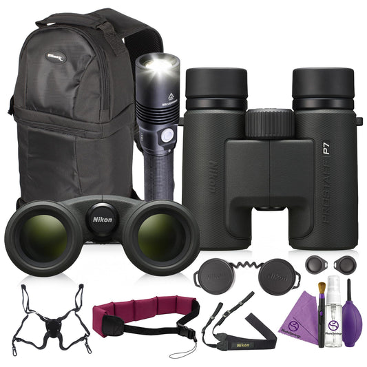Nikon PROSTAFF P7 10x30 Binoculars Waterproof Fogproof Compact Bundle with LED Flashlight + ProStaff Suspender Harness Binocular Strap + Cleaning kit + Pro Sling Backpack + Floating Strap