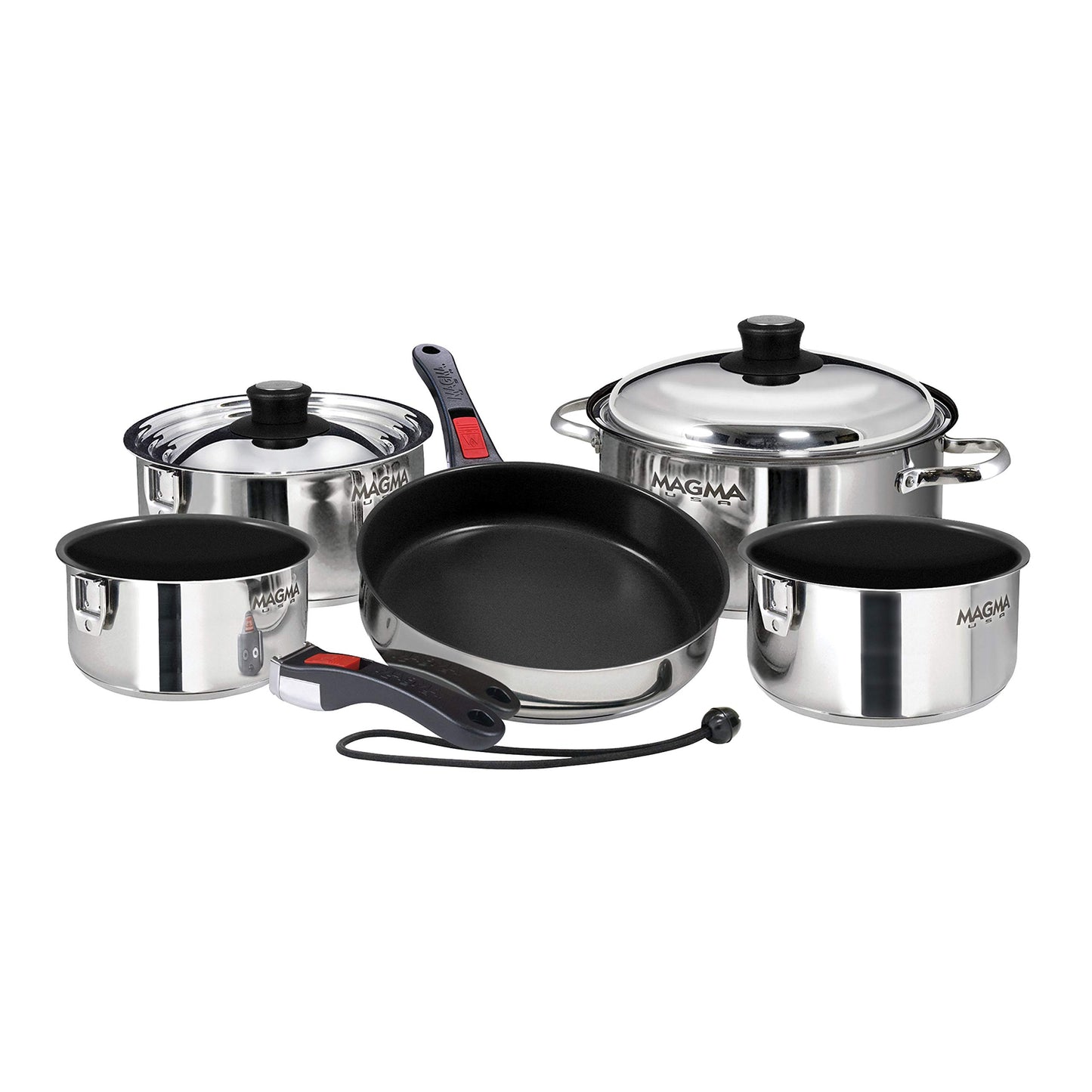 Magma 10 Piece Gourmet Nesting Stainless Steel Cookware Set with Ceramica Non-Stick, Induction Compatible, Oven Safe to 500°F - Suitable for All Stovetops, Removable Handles, Silver