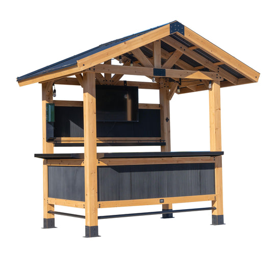 Backyard Discovery Palisade 9' x 6' Cedar Wood Outdoor Bar Set with Galvanized Steel Roof, Bar Top, Shelving, Snow Load Support, Wind Resistance, PowerPort for Patio, Deck, Entertaining
