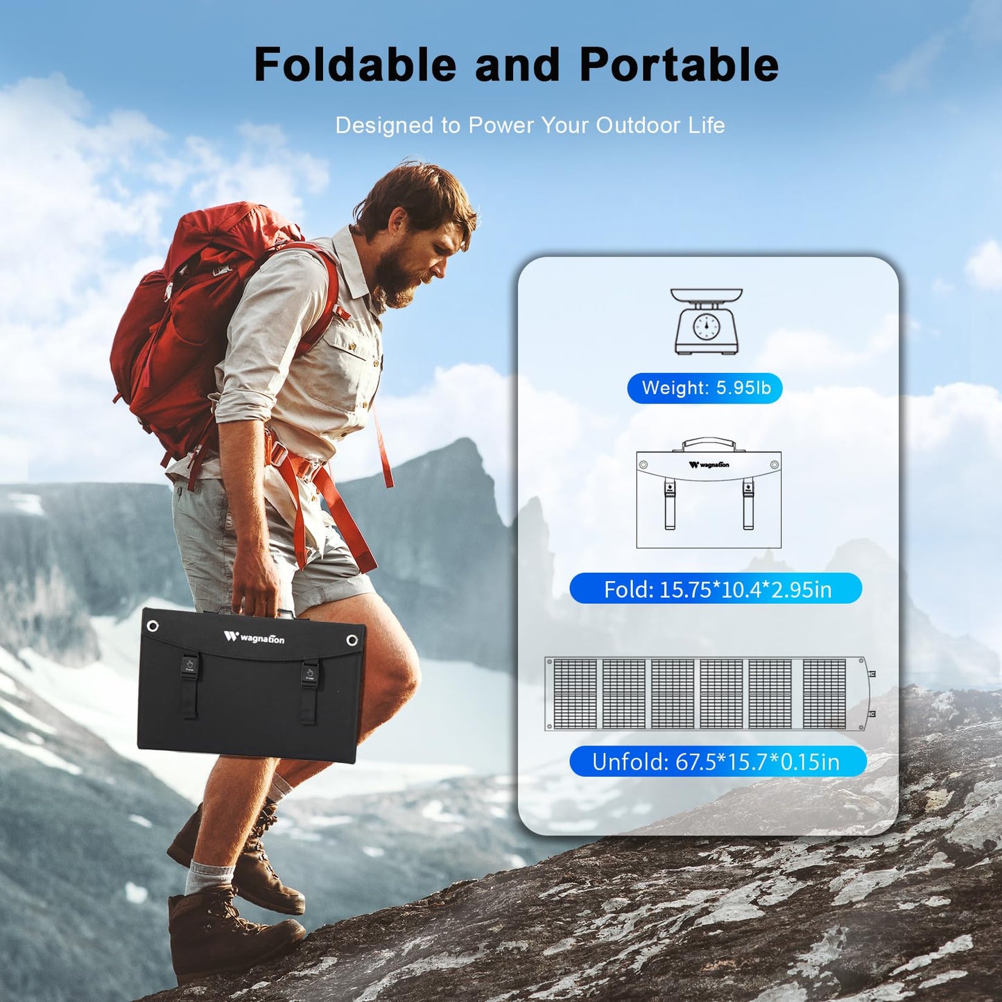 wagnation 100 Watt Portable Solar Panel, Foldable Solar Panel Charger with Kickstands, QC3.0 USB-A USB-C & DC Output for Phone/Power Station, IP65 Waterproof for Camping Backpacking Hiking RV Blackout
