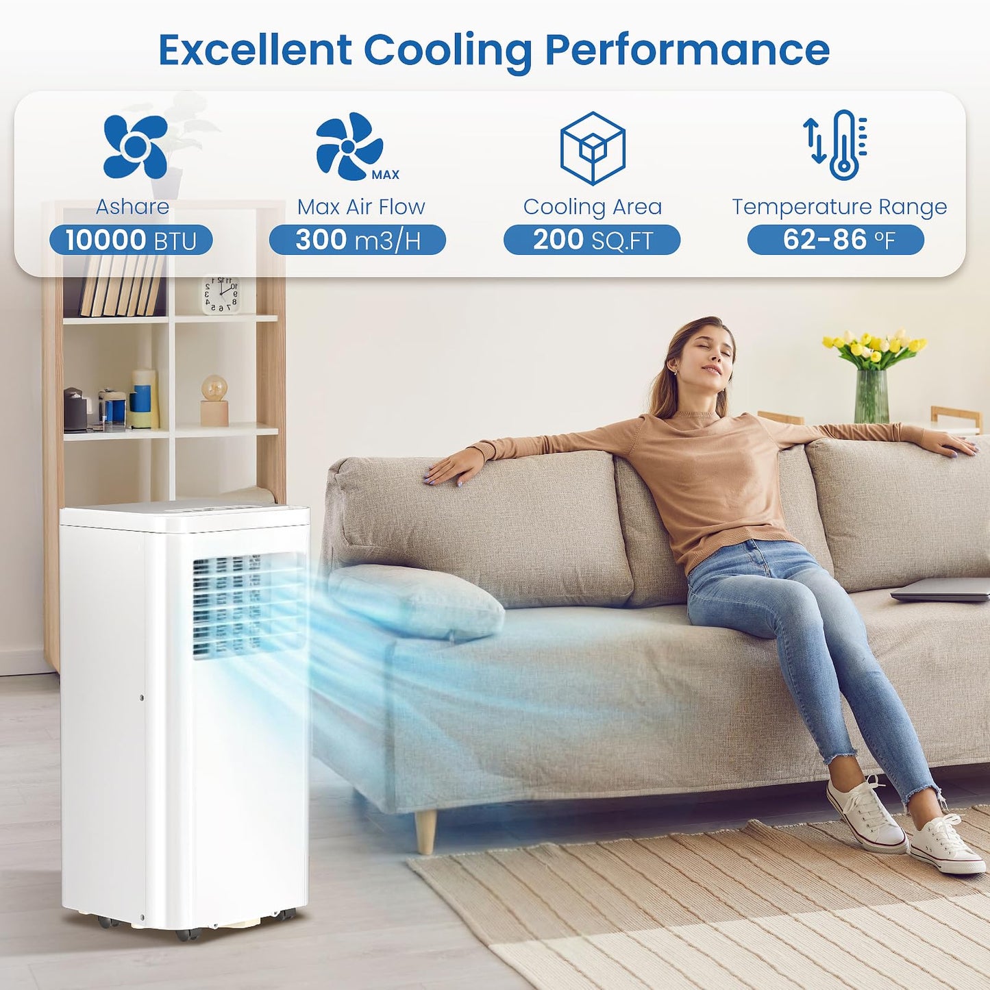 Antarctic Star 10000 BTU Portable Air Conditioners, Portable AC Unit with Fan/Dehumidifier/Sleep Modes, Cools up to 450 Sq.Ft with Remote Control, 24H Timer, Window Kits for Living Room, Bedroom