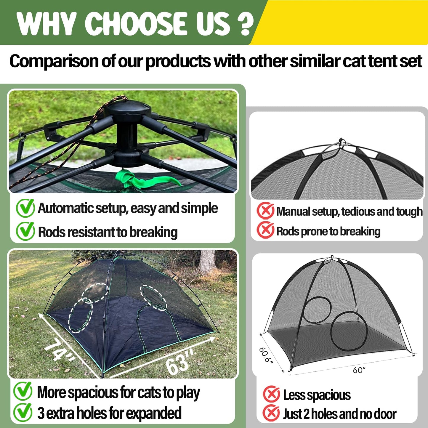 Pawtenda Cat Tents for Outside, Green Outdoor Cat Enclosures, Foldable Pet Playpen with Tunnels for Outside, Portable 4-in-1 Catio Including 2 Tents and 2 Tunnels
