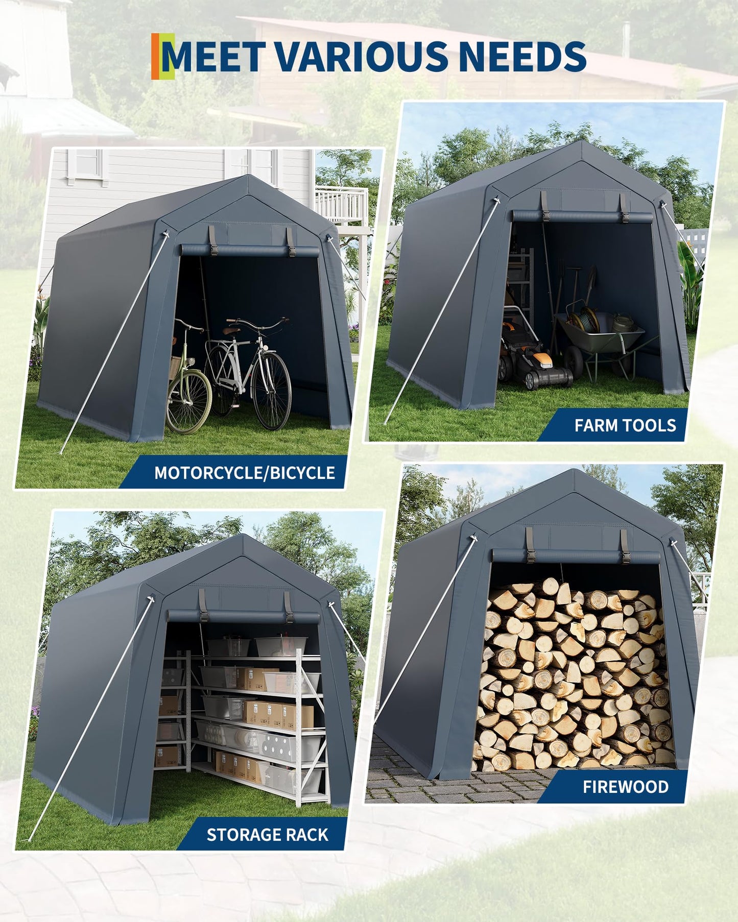 6x8 Ft Carport Heavy Duty Tent with Roll-Up Windows, Portable Garage with Removable Sidewalls & Doors, Car Canopy All-Season Tarp for Car Boat Truck Motorcycle, Grey