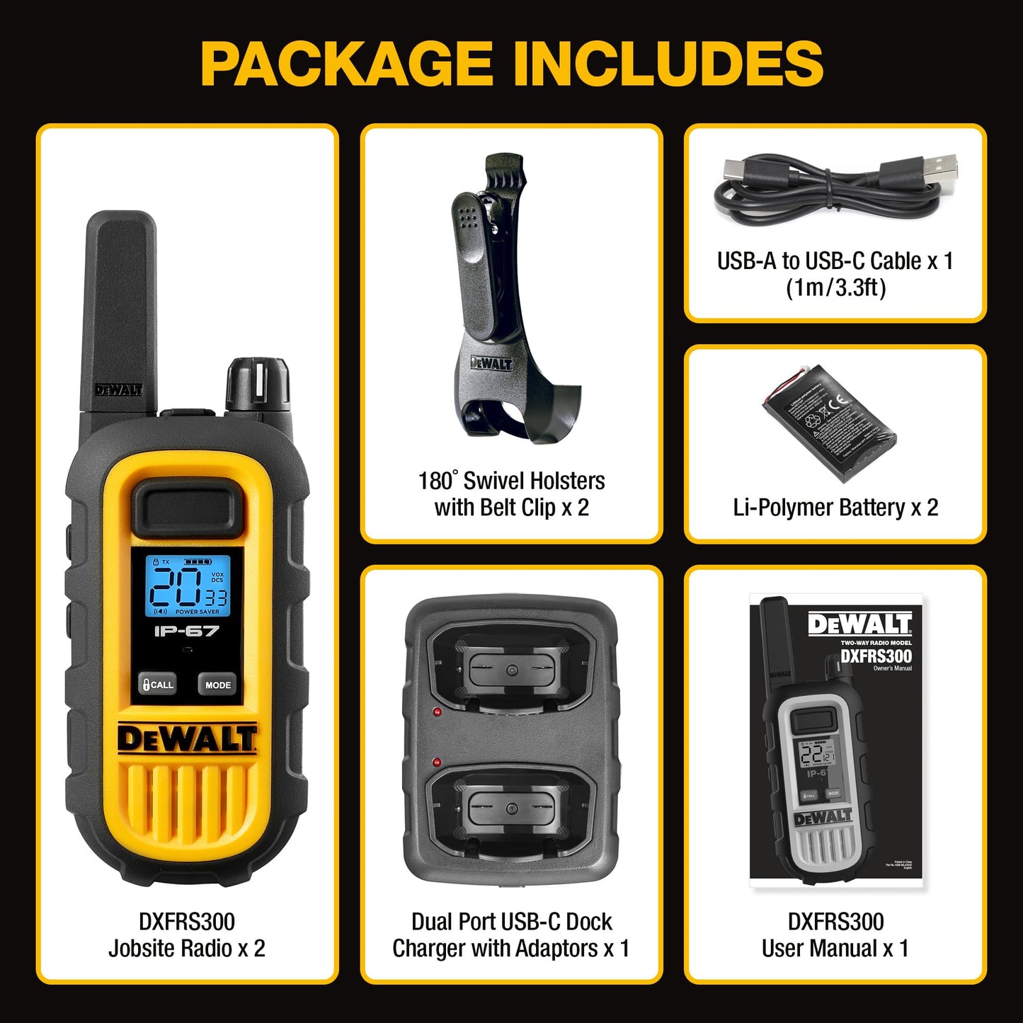 DEWALT DXFRS300 FRS Walkie Talkies, Long Range 2 Way Radio, 1W, IP67 Waterproof, Rechargeable, 2 Pack, DXFRS300