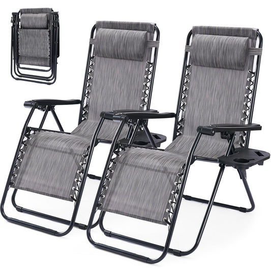 HAPPYMONT Zero Gravity Chair Set of 2, Adjustable Folding Reclining Lounge Chairs with Mesh Back, Adjustable Pillows & Cup Holder Trays, Outdoor Patio Lawn Chairs for Pool, Beach & Camping, Grey