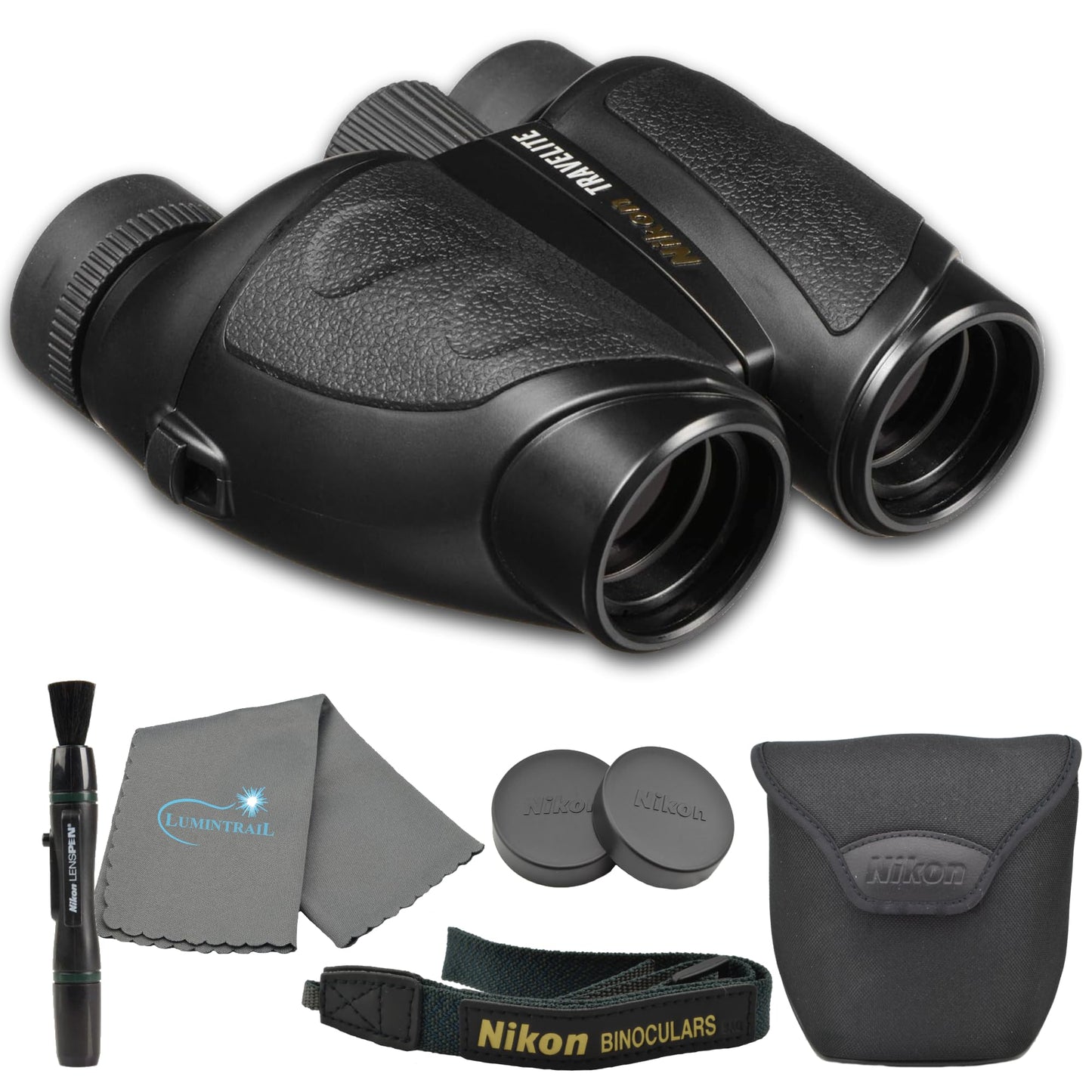 Nikon Travelite 8x25 Binoculars (7277) Travel Bundle - Black With Lens Pen, Carry Case, and Lens Cloth - High Powered Compact for Adults - Bird Watching, Hunting, Hiking