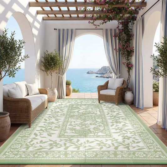 Garvee Outdoor Rug 10x20, Waterproof Reversible Foldable Plastic Straw Rug, Botanical cottagecore Large Outdoor Rugs Patio Camping RV Carpet for Deck Camper Porch Balcony Picnic Beach Gray sage Green