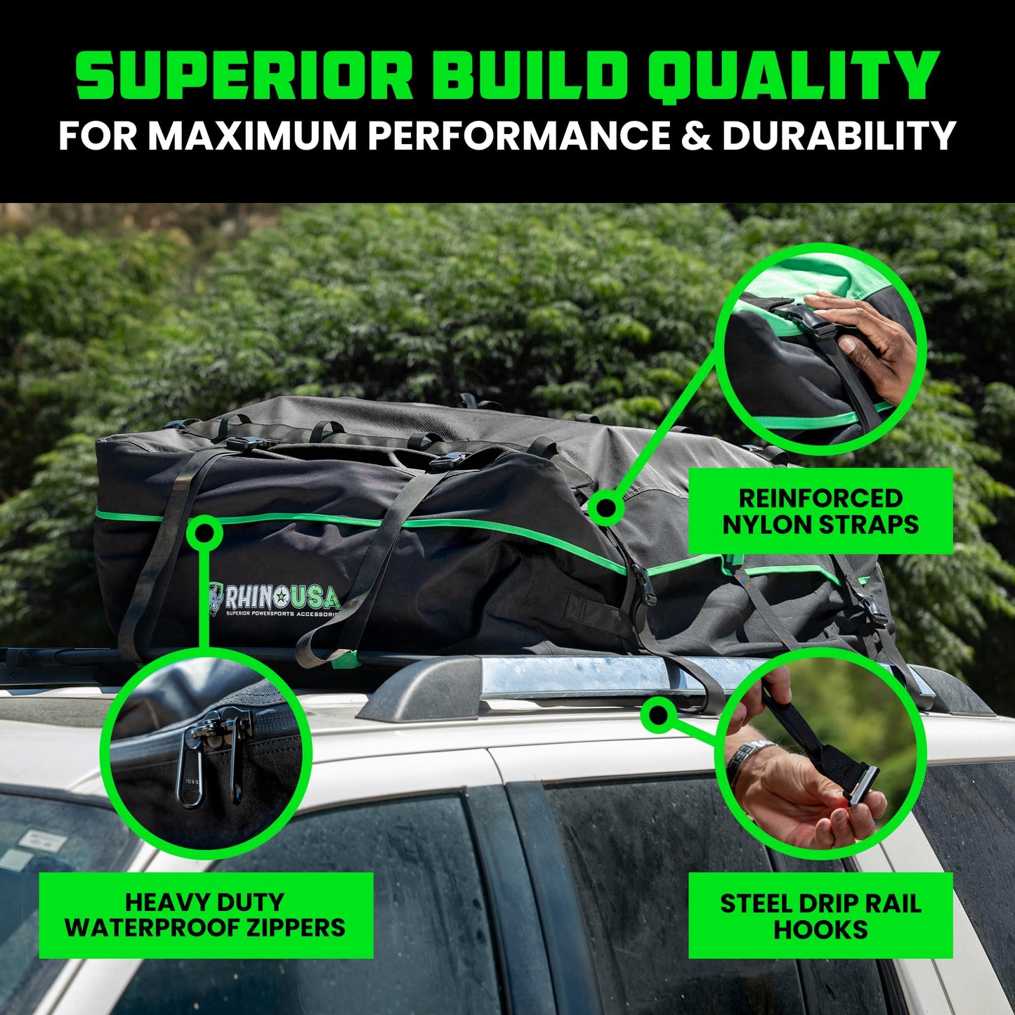 Rhino USA Rooftop Cargo Carrier for Car Storage (17.7 Cubic Feet) Heavy Duty Waterproof Roof Top Bag with Industrial Grade Zippers - Used for All Vehicle with/Without Rack Carriers - Lock Included